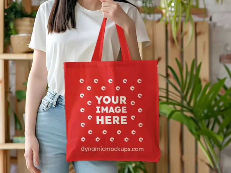 Woman Holding Red Tote Bag Mockup Front View Template