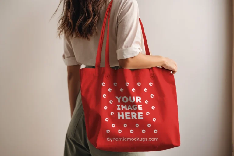 Woman Holding Red Tote Bag Mockup Side View Template