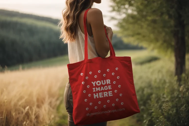 Woman Holding Red Tote Bag Mockup Side View Template