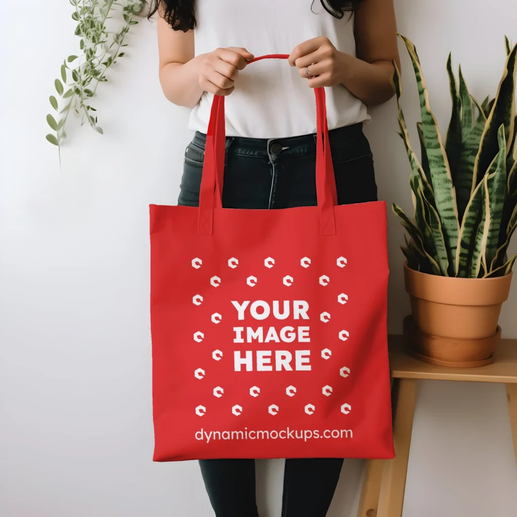 Woman Holding Red Tote Bag Mockup Front View Template