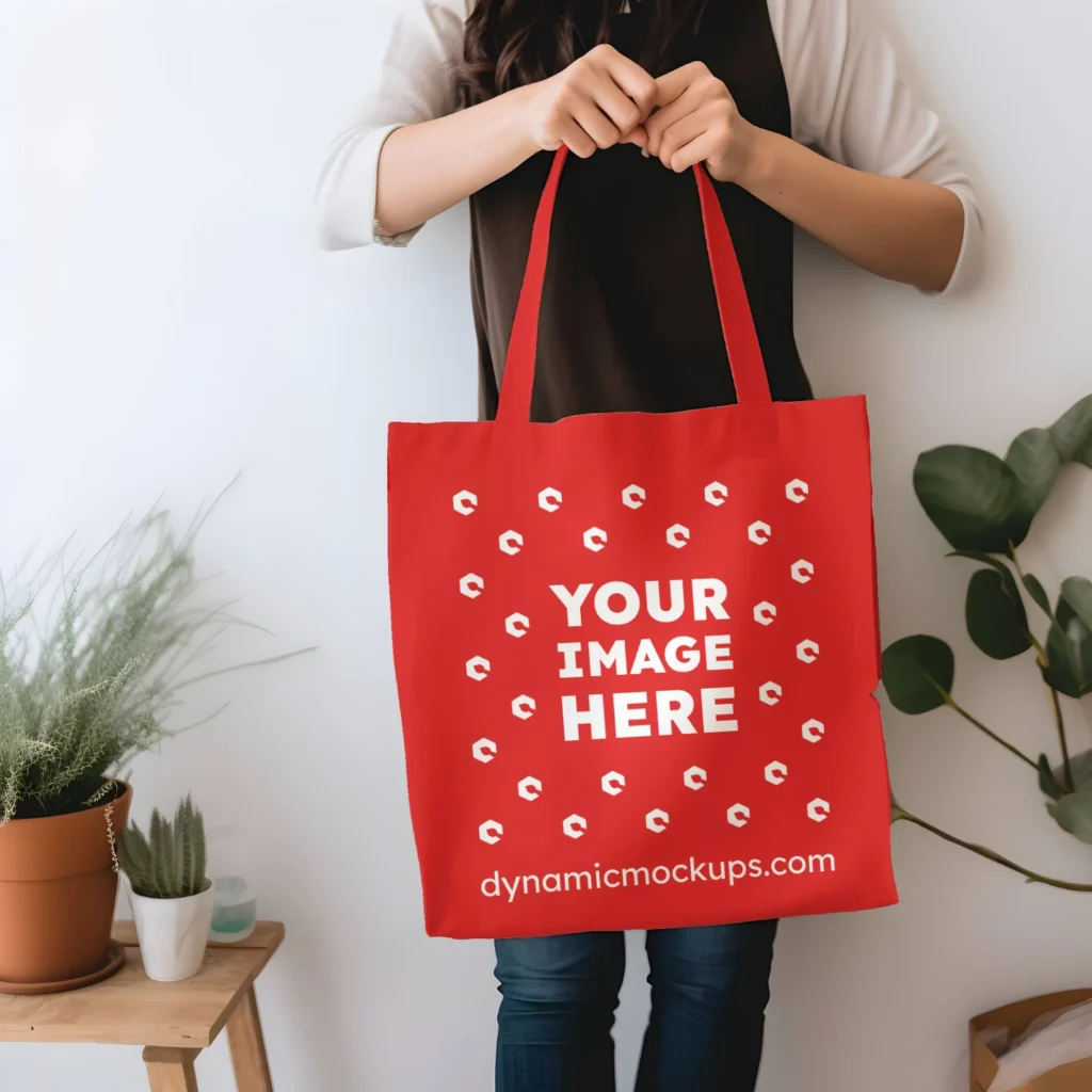 Woman Holding Red Tote Bag Mockup Front View Template