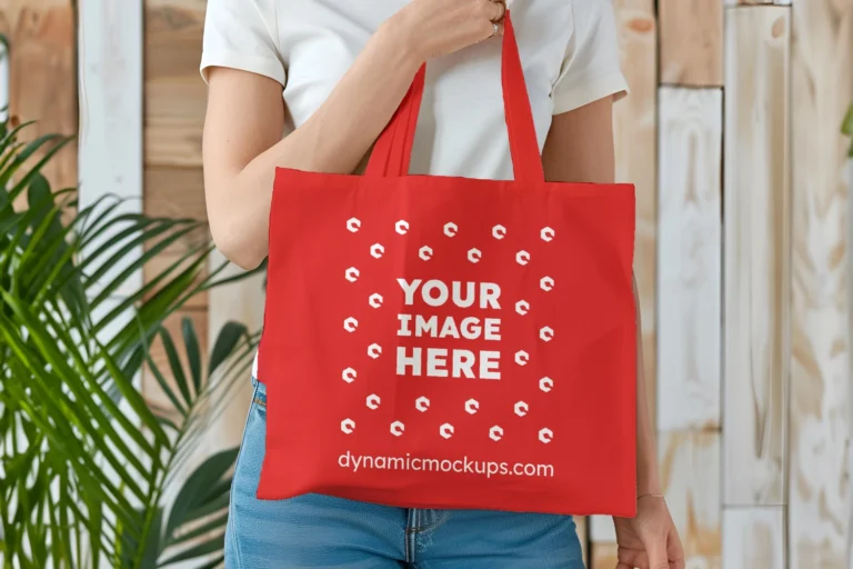 Woman Holding Red Tote Bag Mockup Front View Template