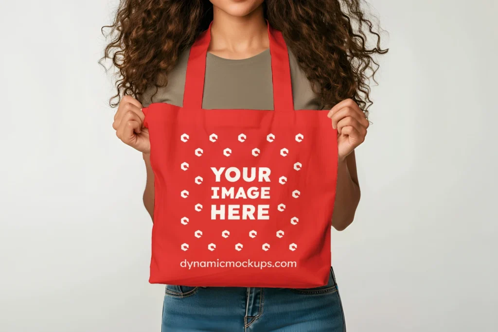 Woman Holding Red Tote Bag Mockup Front View Template