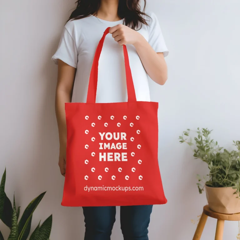 Woman Holding Red Tote Bag Mockup Front View Template