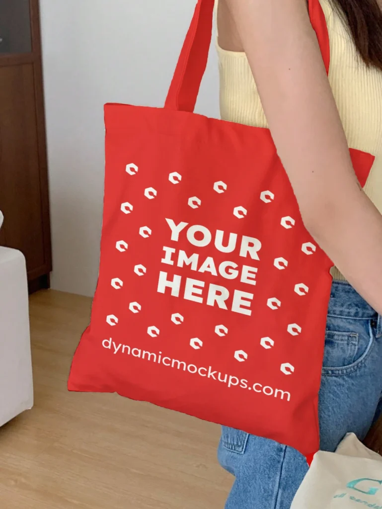 Woman Holding Red Tote Bag Mockup Side View Template