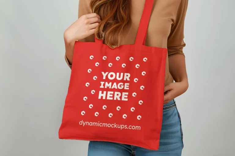 Woman Holding Red Tote Bag Mockup Front View Template