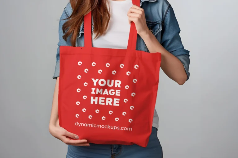 Woman Holding Red Tote Bag Mockup Front View Template