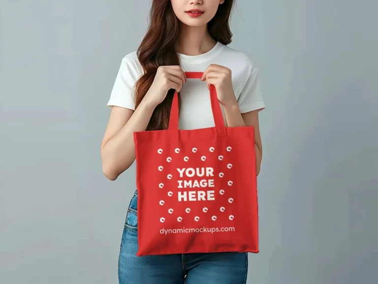 Woman Holding Red Tote Bag Mockup Front View Template