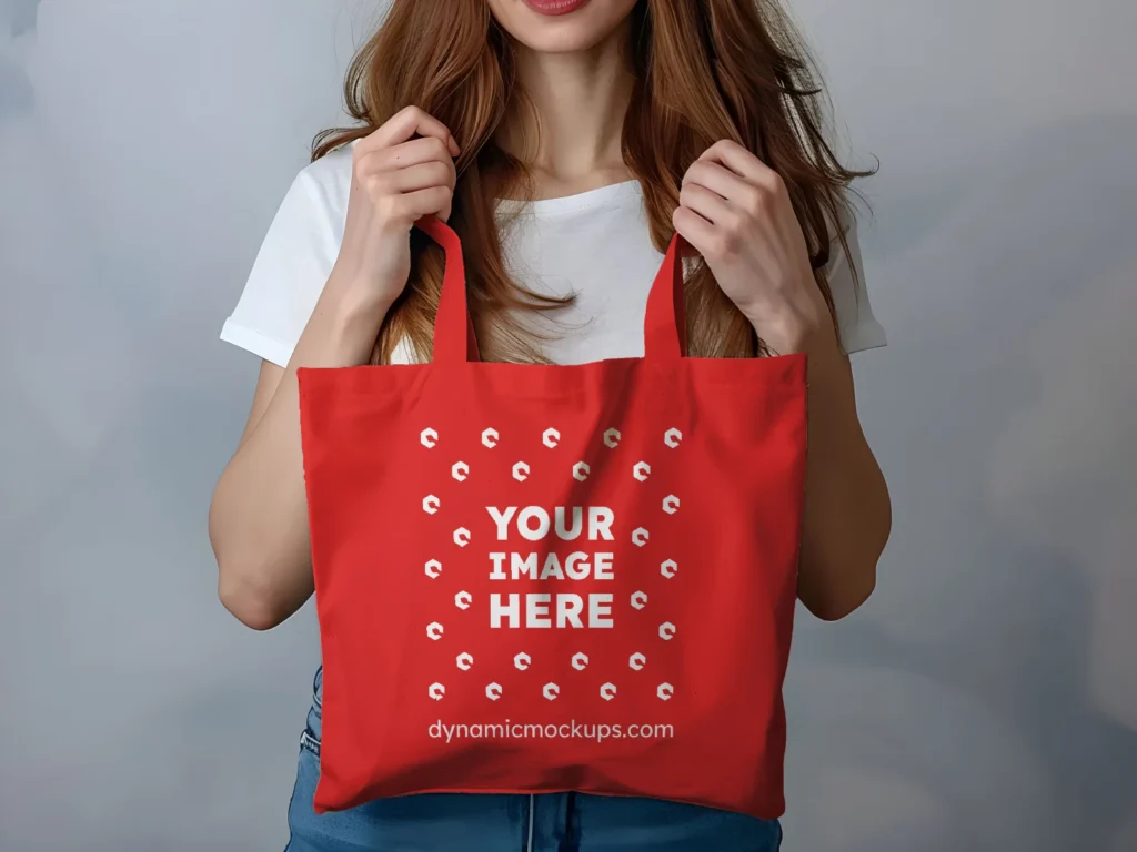 Woman Holding Red Tote Bag Mockup Front View Template