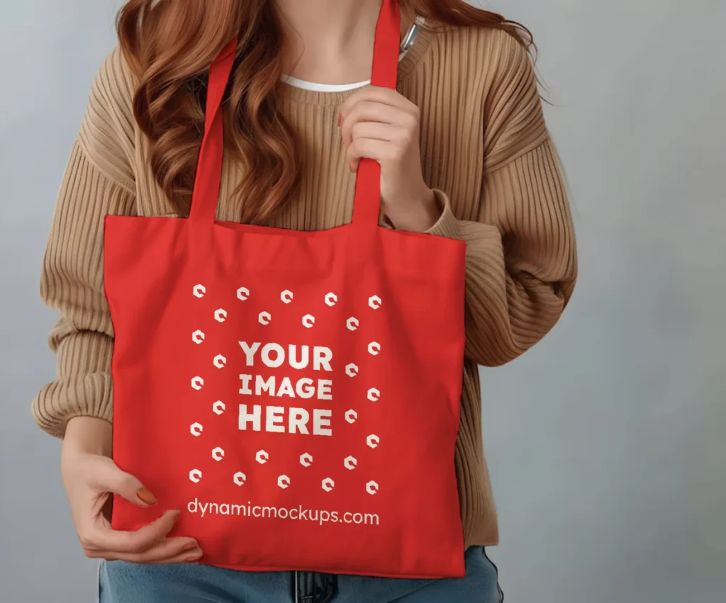 Woman Holding Red Tote Bag Mockup Front View Template