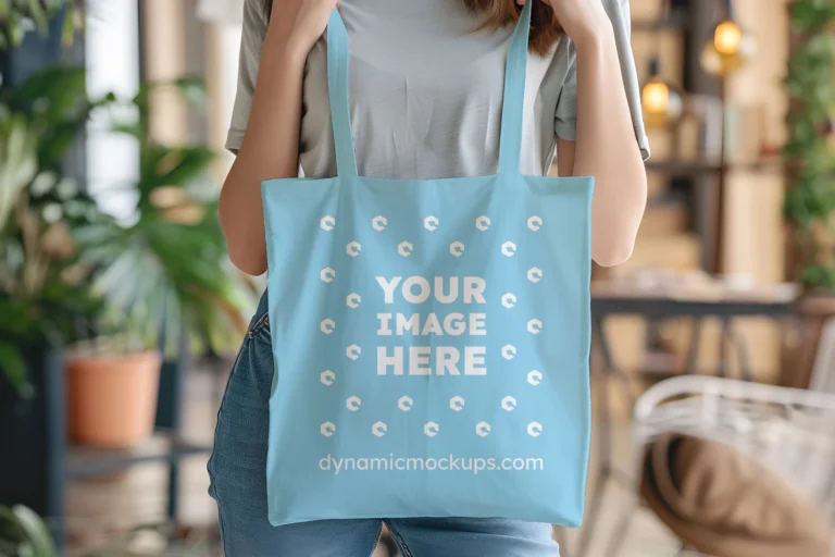 Woman Holding Sky Blue Tote Bag Mockup Front View Template