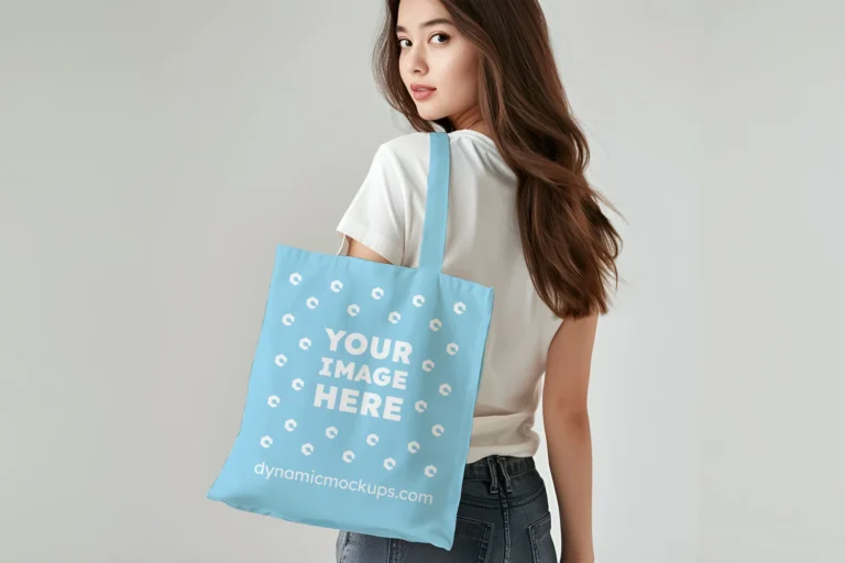 Woman Holding Sky Blue Tote Bag Mockup Back View Template