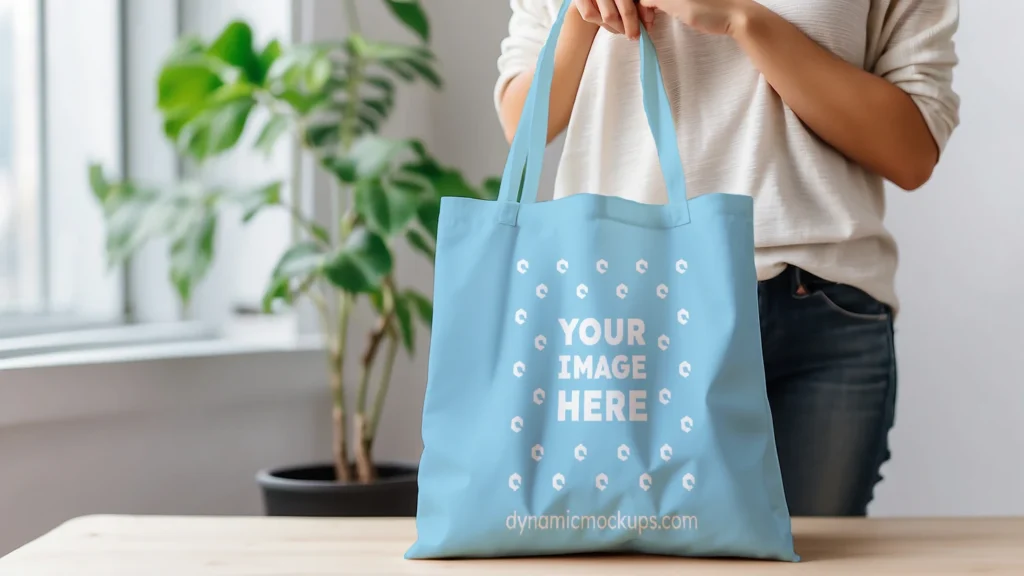 Woman Holding Sky Blue Tote Bag Mockup Front View Template