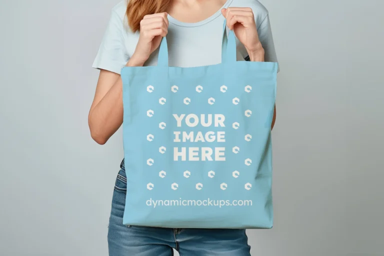 Woman Holding Sky Blue Tote Bag Mockup Front View Template