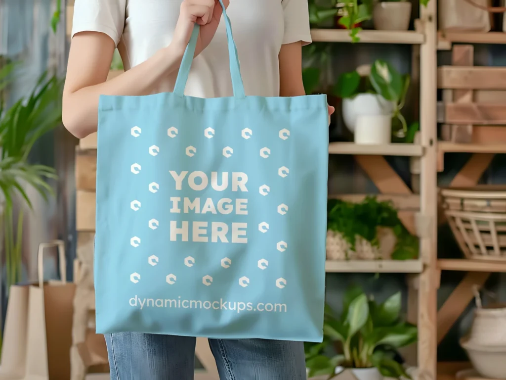 Woman Holding Sky Blue Tote Bag Mockup Front View Template