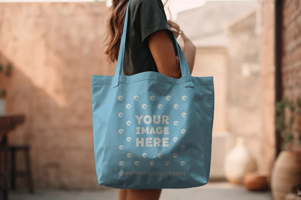 Woman Holding Sky Blue Tote Bag Mockup Side View Template