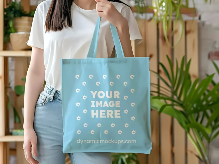 Woman Holding Sky Blue Tote Bag Mockup Front View Template