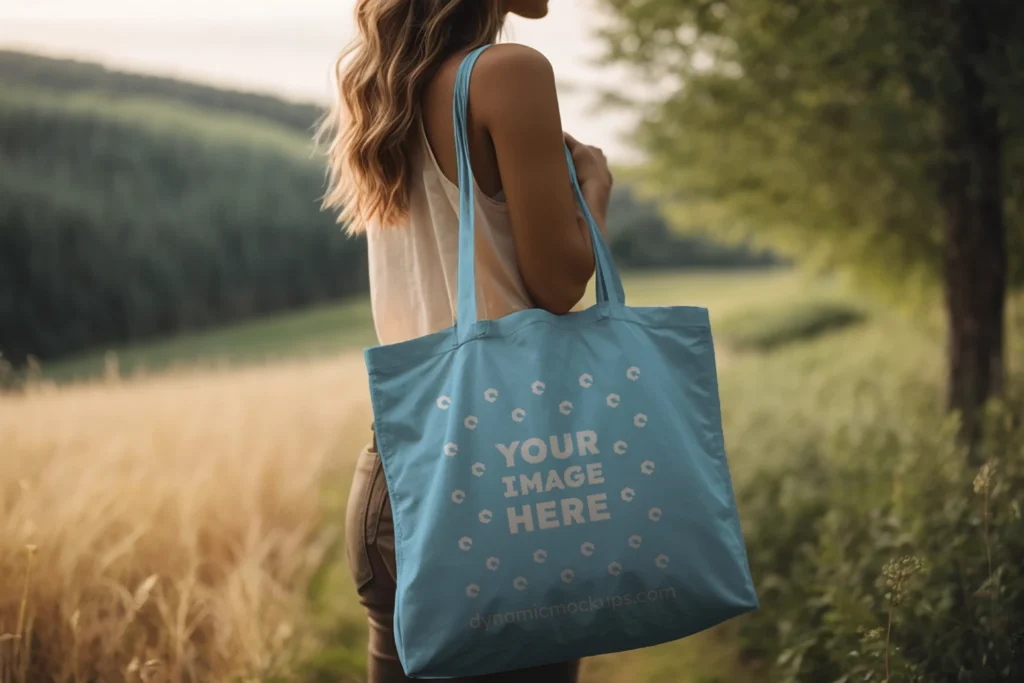 Woman Holding Sky Blue Tote Bag Mockup Side View Template