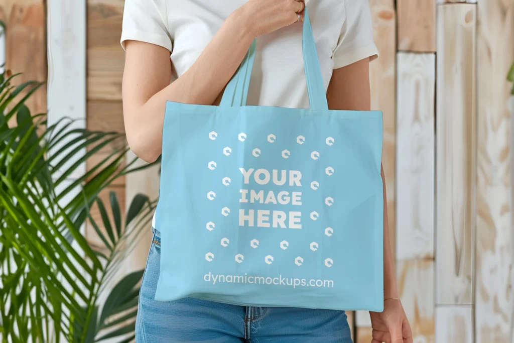 Woman Holding Sky Blue Tote Bag Mockup Front View Template