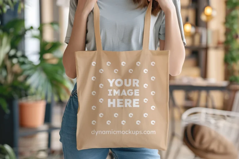 Woman Holding Tan Tote Bag Mockup Front View Template