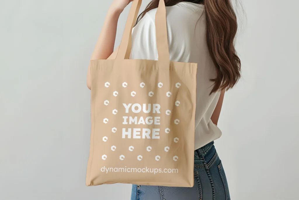 Woman Holding Tan Tote Bag Mockup Side View Template