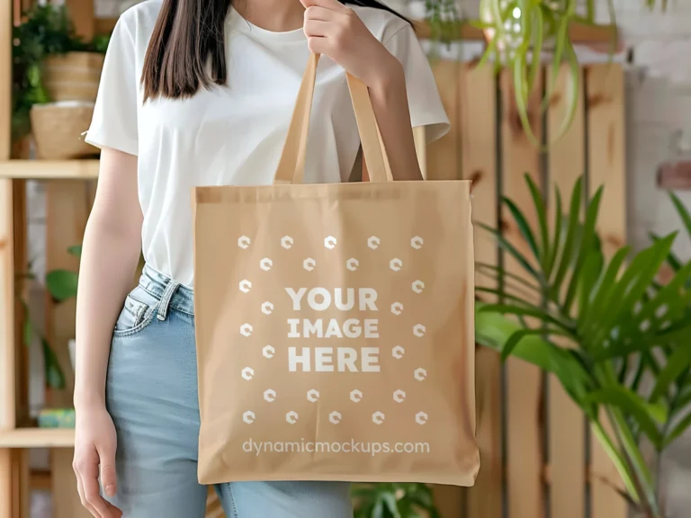 Woman Holding Tan Tote Bag Mockup Front View Template