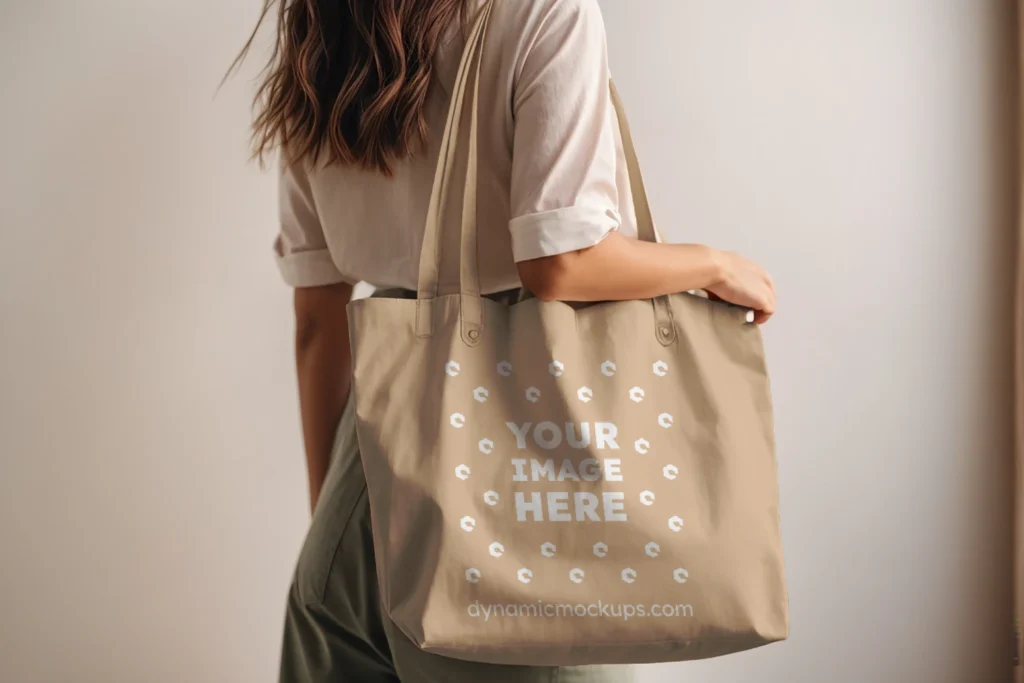 Woman Holding Tan Tote Bag Mockup Side View Template