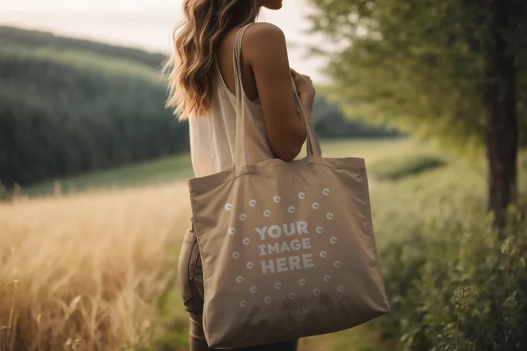 Woman Holding Tan Tote Bag Mockup Side View Template