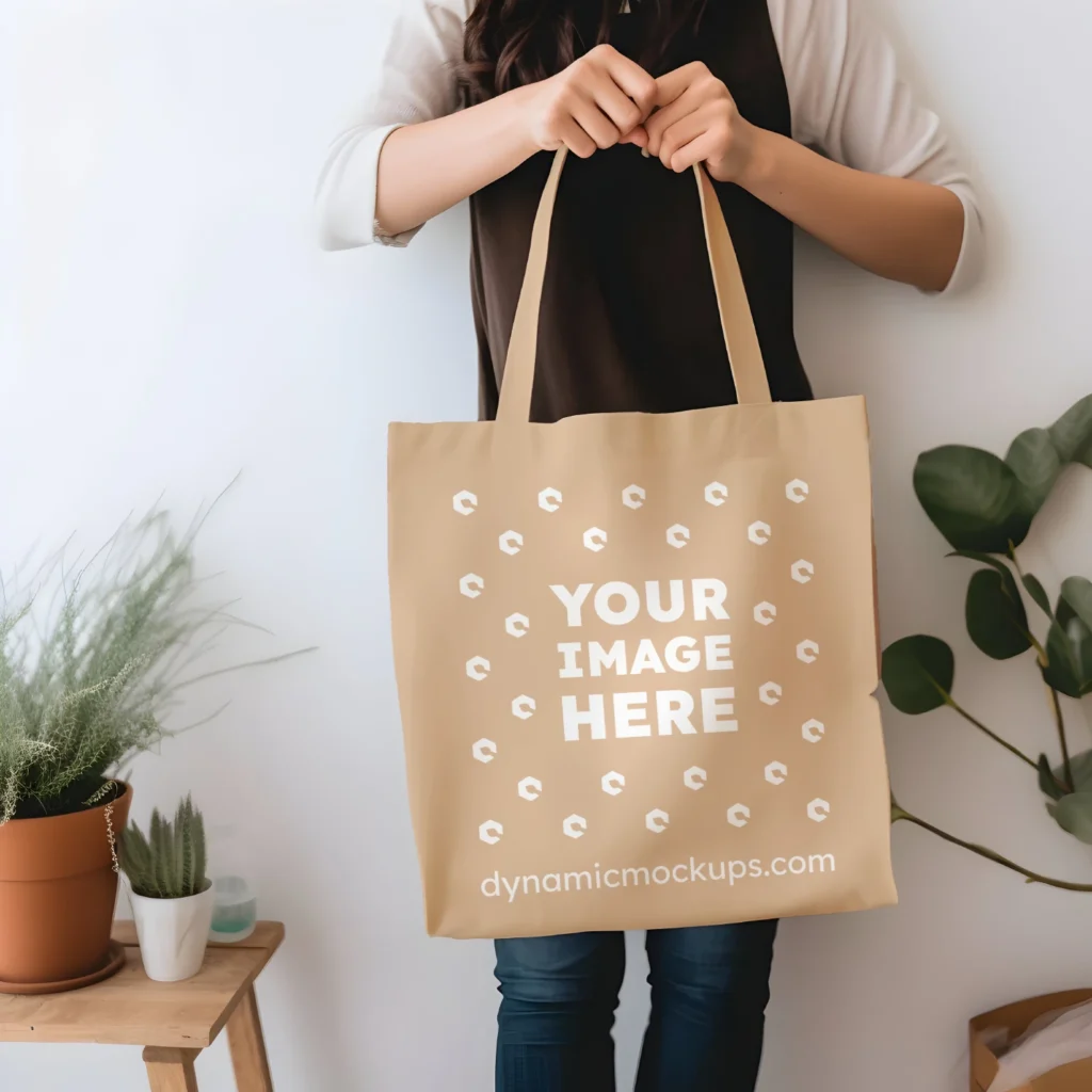 Woman Holding Tan Tote Bag Mockup Front View Template