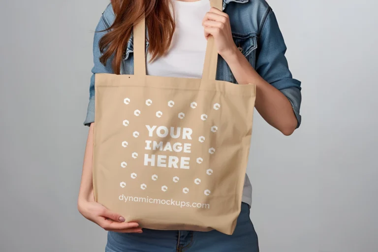 Woman Holding Tan Tote Bag Mockup Front View Template