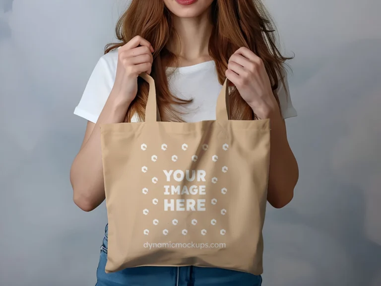 Woman Holding Tan Tote Bag Mockup Front View Template