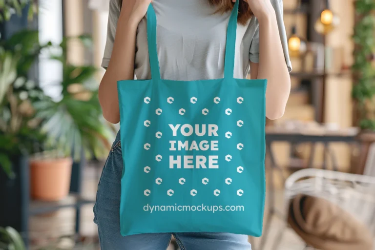 Woman Holding Teal Tote Bag Mockup Front View Template