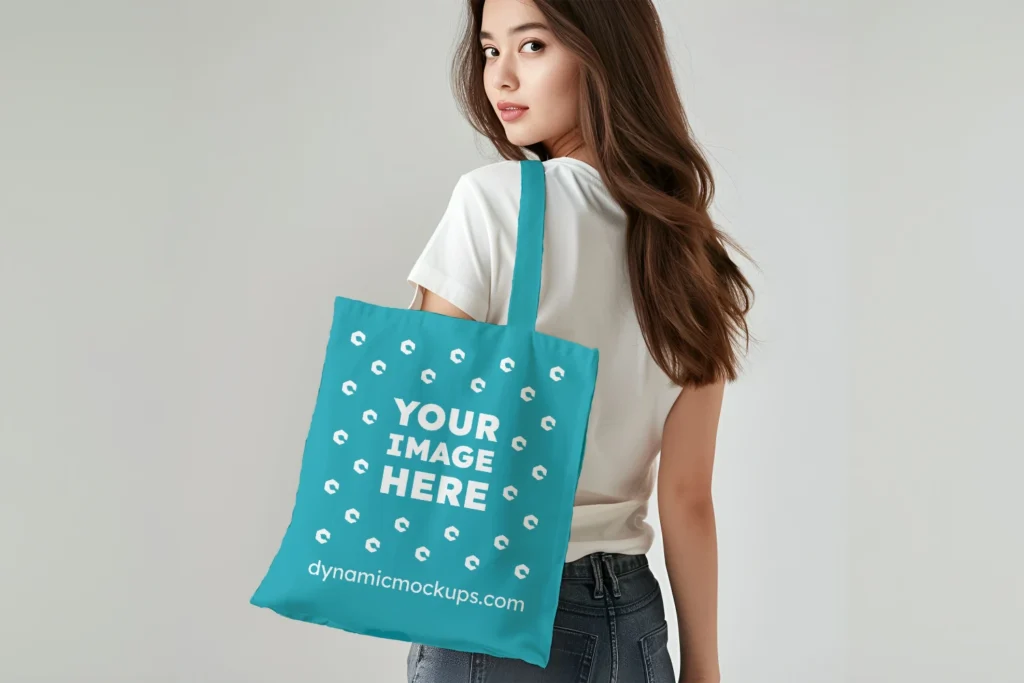 Woman Holding Teal Tote Bag Mockup Back View Template