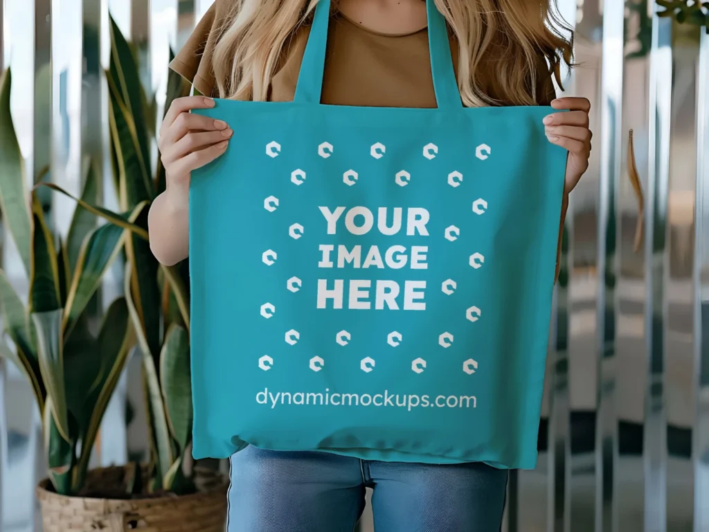 Woman Holding Teal Tote Bag Mockup Front View Template