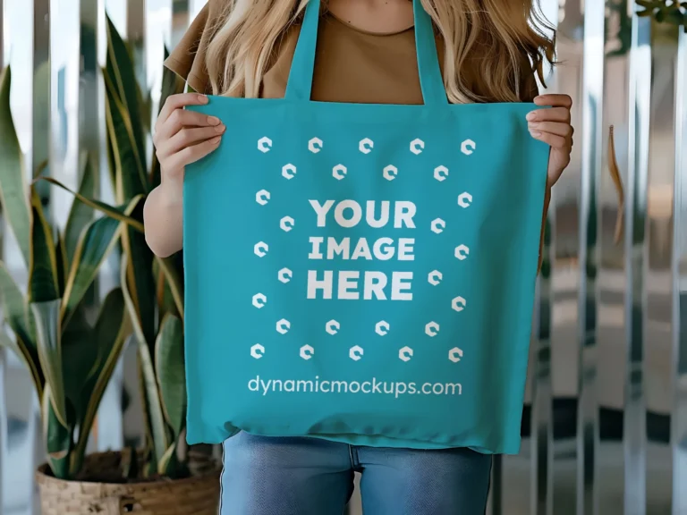 Woman Holding Teal Tote Bag Mockup Front View Template