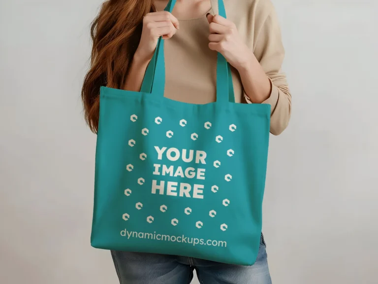 Woman Holding Teal Tote Bag Mockup Front View Template