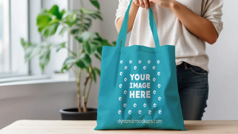 Woman Holding Teal Tote Bag Mockup Front View Template