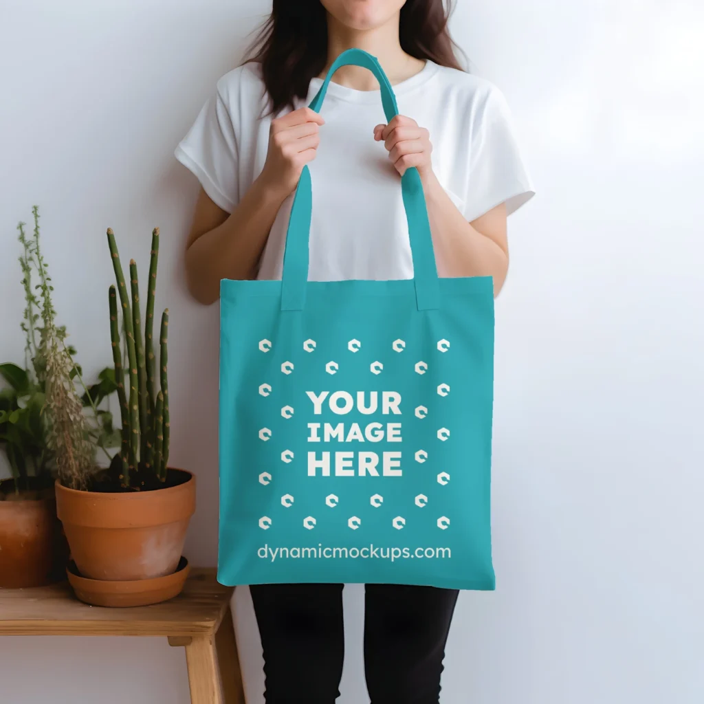 Woman Holding Teal Tote Bag Mockup Front View Template