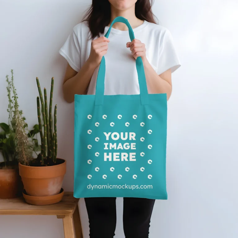 Woman Holding Teal Tote Bag Mockup Front View Template