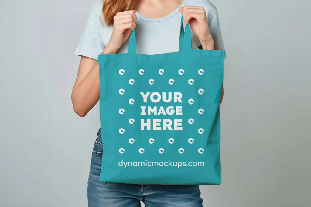 Woman Holding Teal Tote Bag Mockup Front View Template