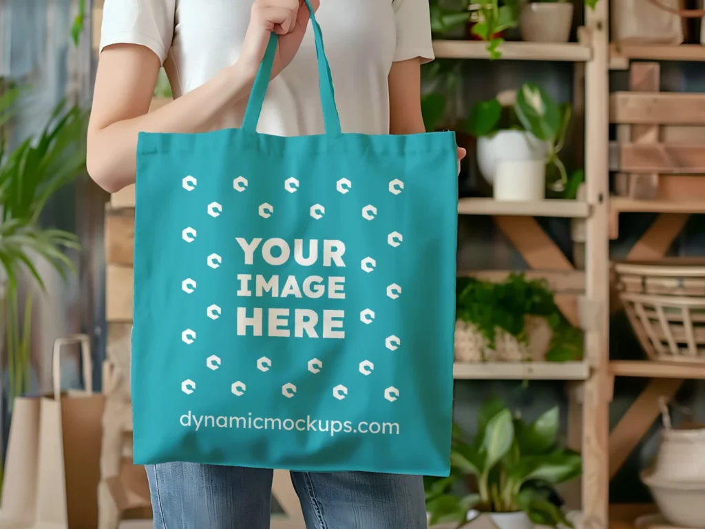 Woman Holding Teal Tote Bag Mockup Front View Template