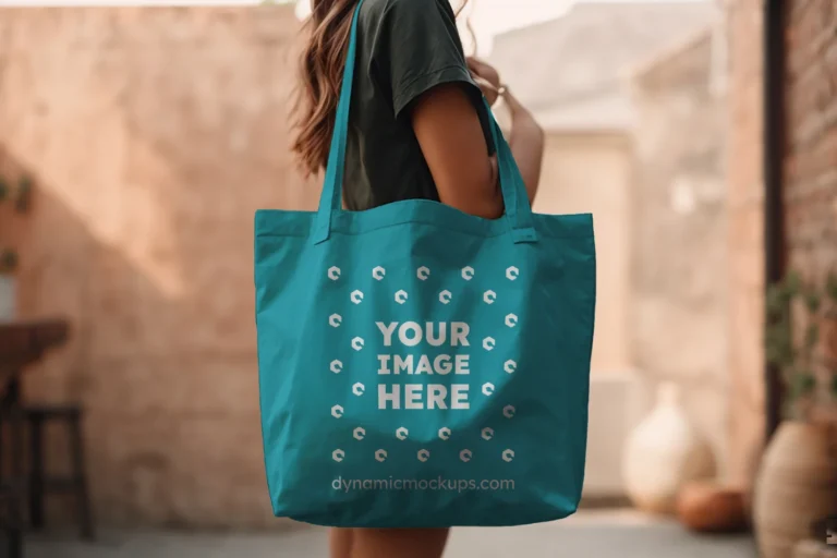 Woman Holding Teal Tote Bag Mockup Side View Template