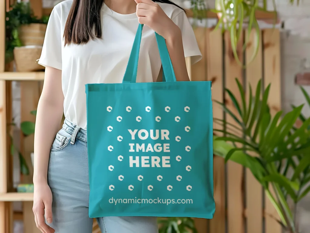 Woman Holding Teal Tote Bag Mockup Front View Template