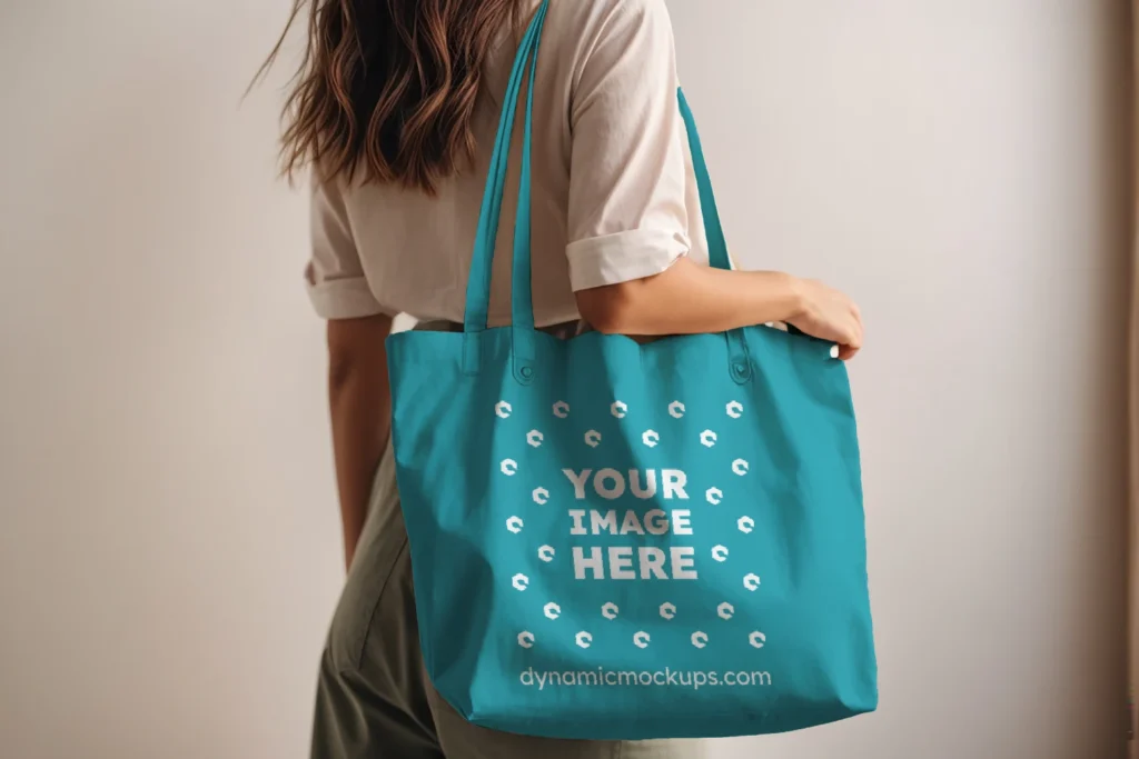 Woman Holding Teal Tote Bag Mockup Side View Template