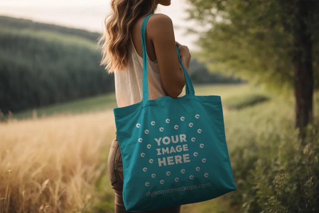 Woman Holding Teal Tote Bag Mockup Side View Template