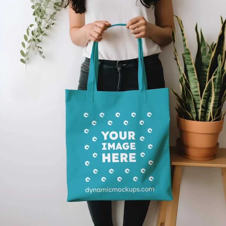 Woman Holding Teal Tote Bag Mockup Front View Template