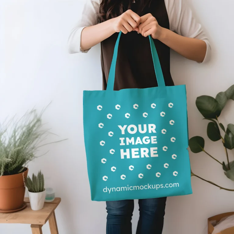 Woman Holding Teal Tote Bag Mockup Front View Template