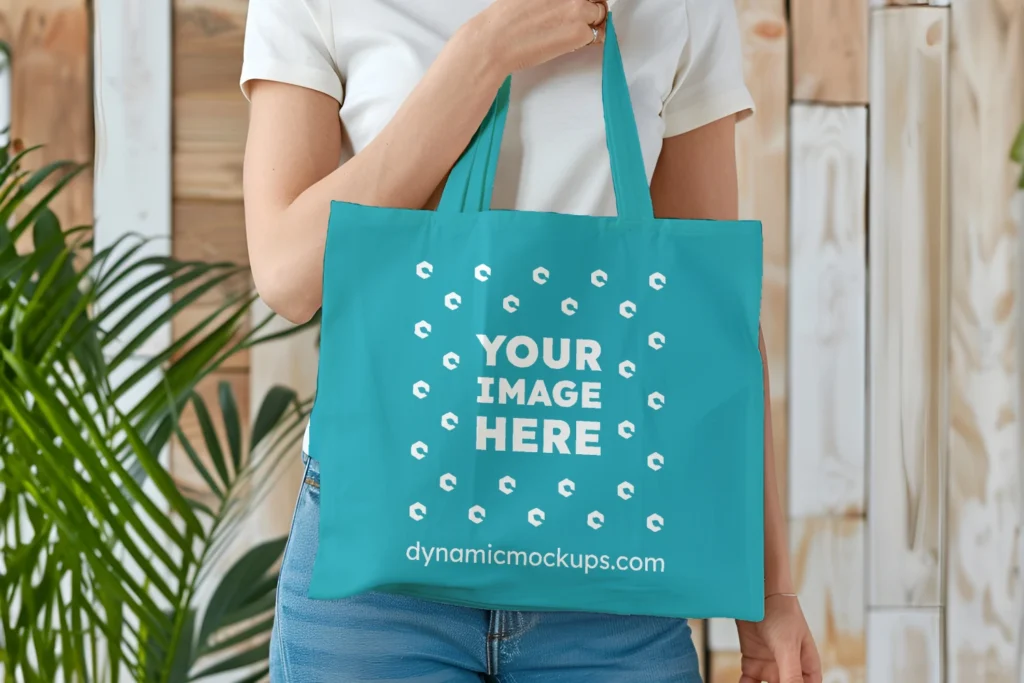 Woman Holding Teal Tote Bag Mockup Front View Template