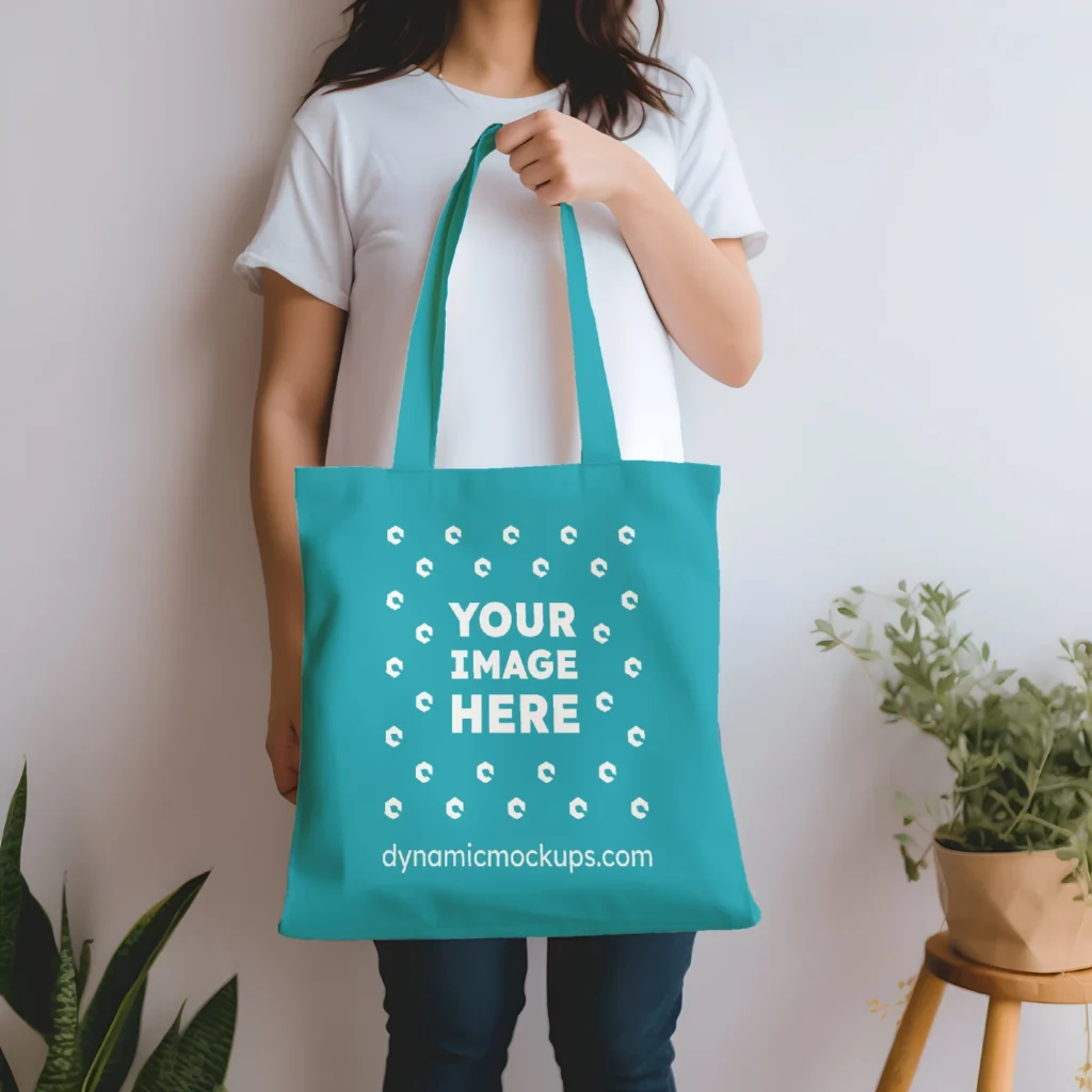 Woman Holding Teal Tote Bag Mockup Front View Template