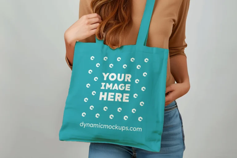 Woman Holding Teal Tote Bag Mockup Front View Template